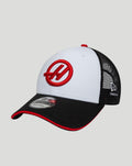 New Era Haas Team cap with white front panel, black brim, red Haas logo, and black mesh back