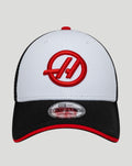 Front view of the Haas cap with white crown, raised red Haas emblem, and black brim