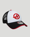 Side angle of the Haas cap showing white crown and black mesh back with red Haas logo on the front