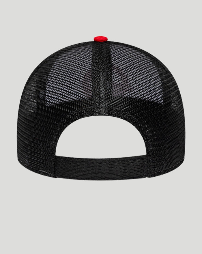 Rear view of black New Era Haas Team Summer League 9Forty cap with mesh panels and adjustable strapback