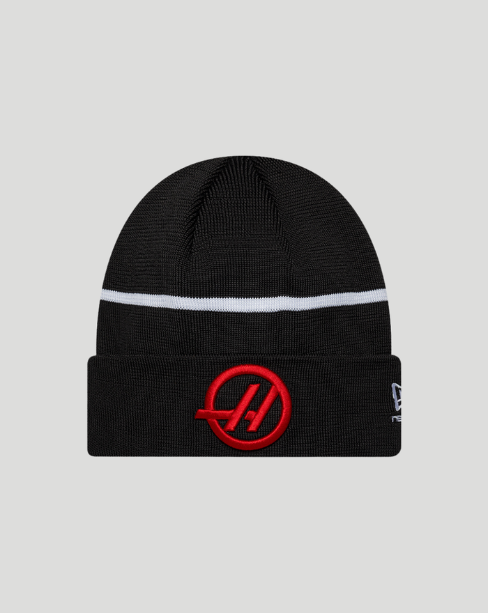Black knit cuff beanie with a white stripe and red Haas emblem on the folded cuff