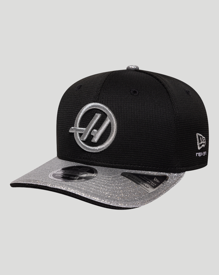 Black New Era Haas Team Vegas 9Seventy cap with glitter silver brim and Haas emblem on front