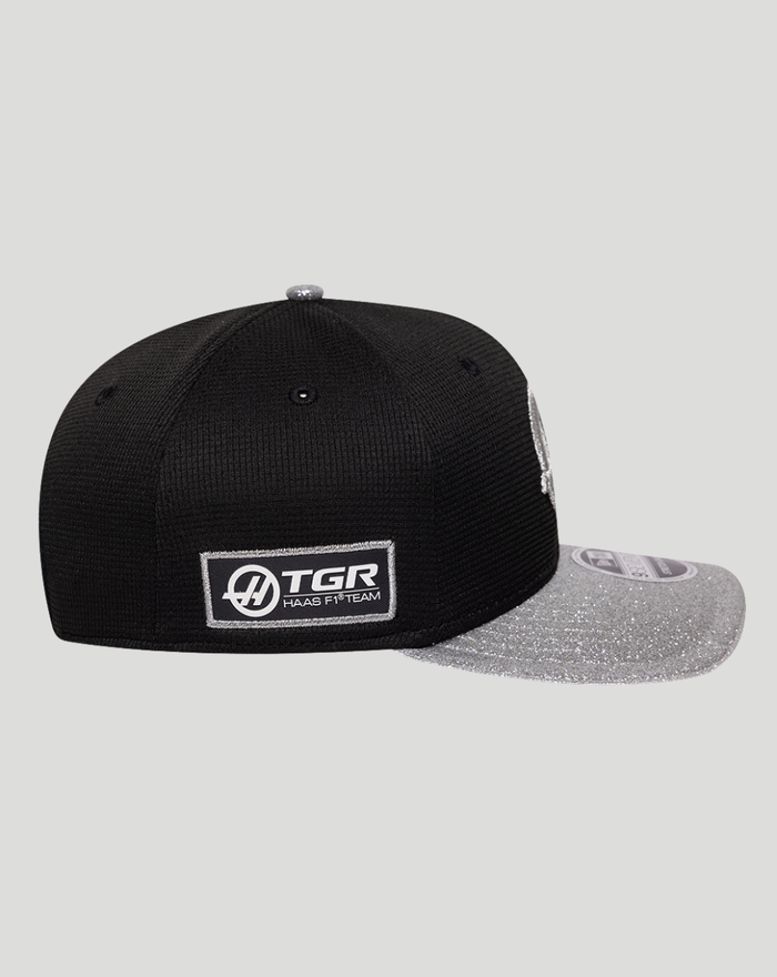 Back view of black Haas Team Vegas 9Seventy cap with a glitter silver brim and TGR Haas F1 Team patch on the back panel