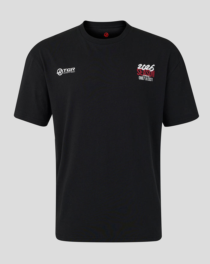 Black Haas Team World Tour relaxed fit T shirt with white TGR Haas Team logo on left chest and 2025 season graphic on right chest.