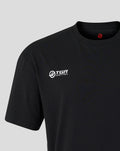 Front of black Haas World Tour T shirt with white left chest TGR Haas F1 Team logo and red collar emblem.