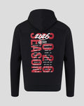 Back view of black World Tour hoodie with large red 2026 graphic and city list