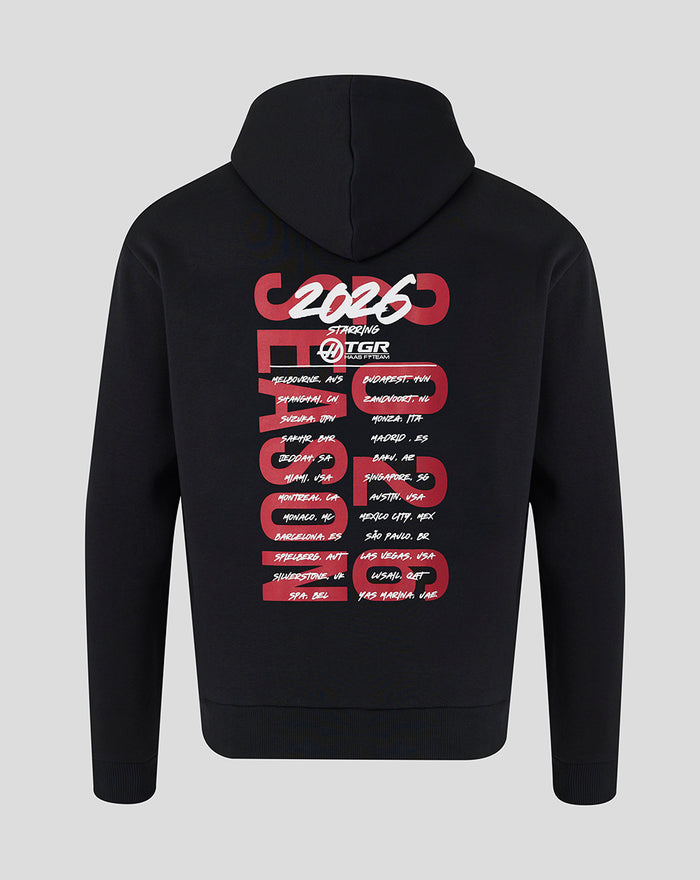 Back view of black World Tour hoodie with large red 2026 graphic and city list