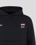 Black Haas F1 World Tour hoodie with 2025 season graphic on chest and TGR Haas Team logo on the other chest, hood with drawstrings and kangaroo pocket.