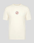 Front view of off white Haas Team Unisex USA Roundel T Shirt with a small circular logo on the chest