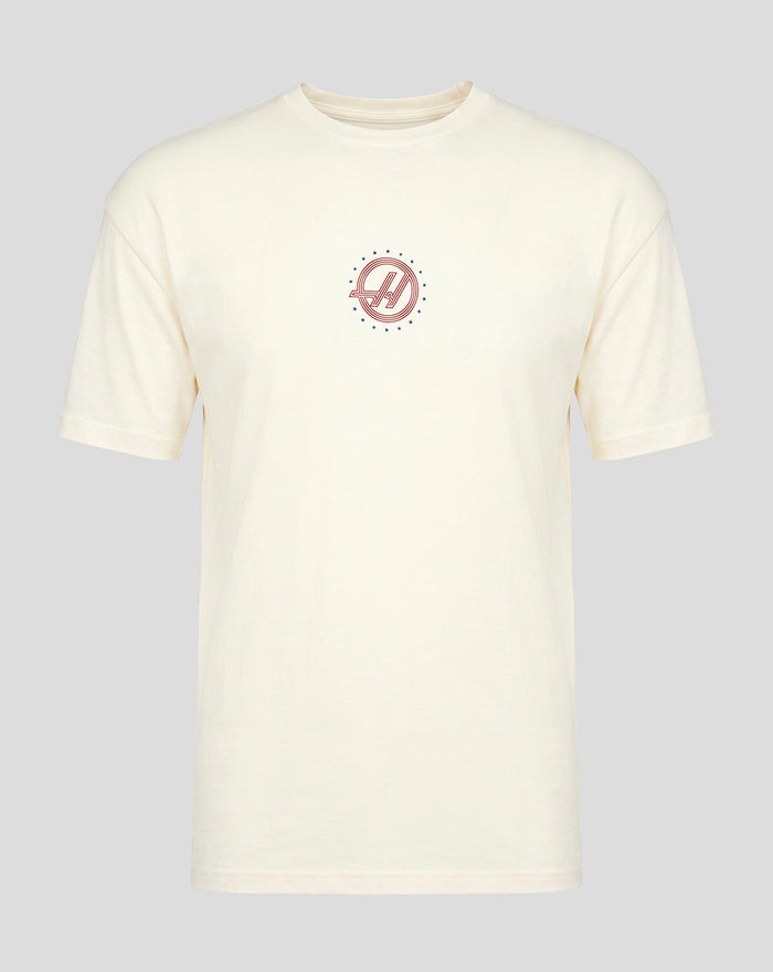 Front view of off white Haas Team Unisex USA Roundel T Shirt with a small circular logo on the chest