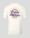 Back view of off white Haas Team Unisex USA Roundel T Shirt featuring Born in America graphic and stars