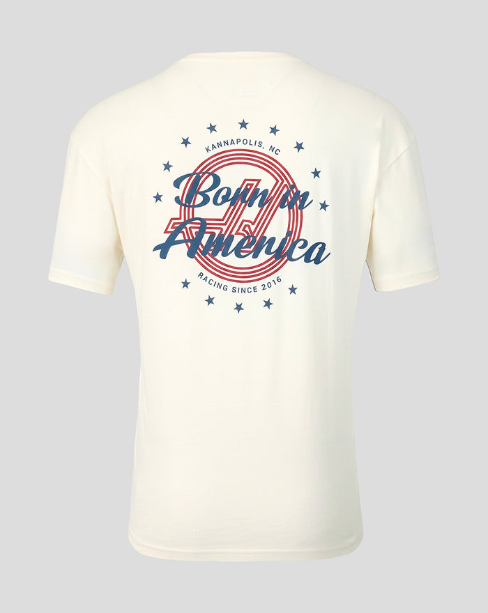 Back view of off white Haas Team Unisex USA Roundel T Shirt featuring Born in America graphic and stars