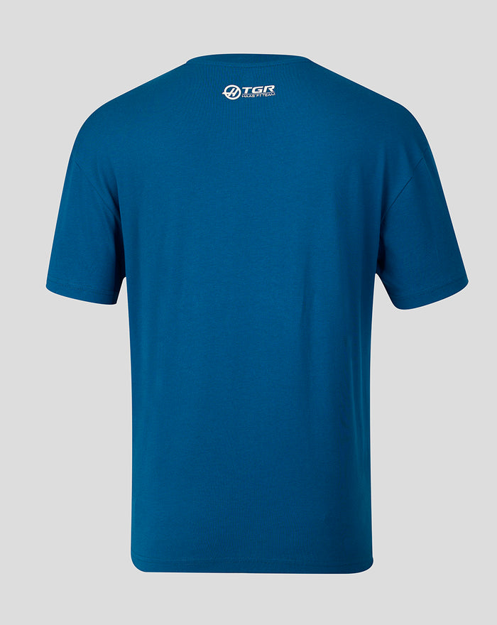 Back view of Poseidon blue Haas Team T shirt with small white TGR Haas F1 Team logo at upper back