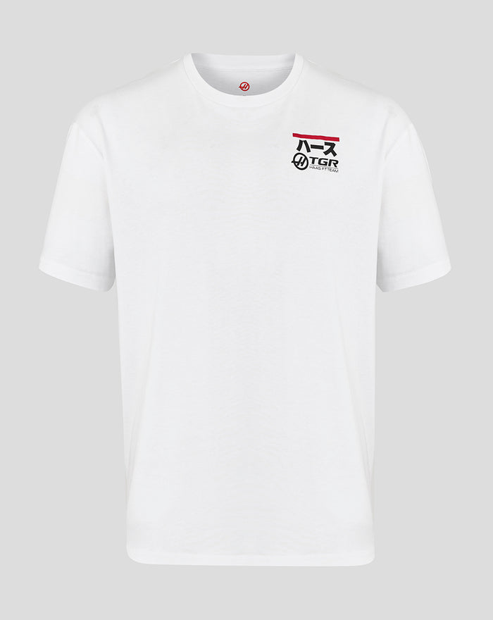 White Haas Team graphic T shirt with racing car image on left chest and branding on upper back