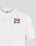 White Haas Team T shirt with front left chest and upper back racing graphic and branding