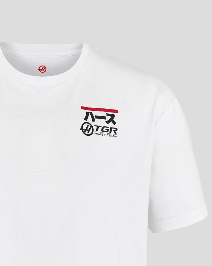 White Haas Team T shirt with front left chest and upper back racing graphic and branding
