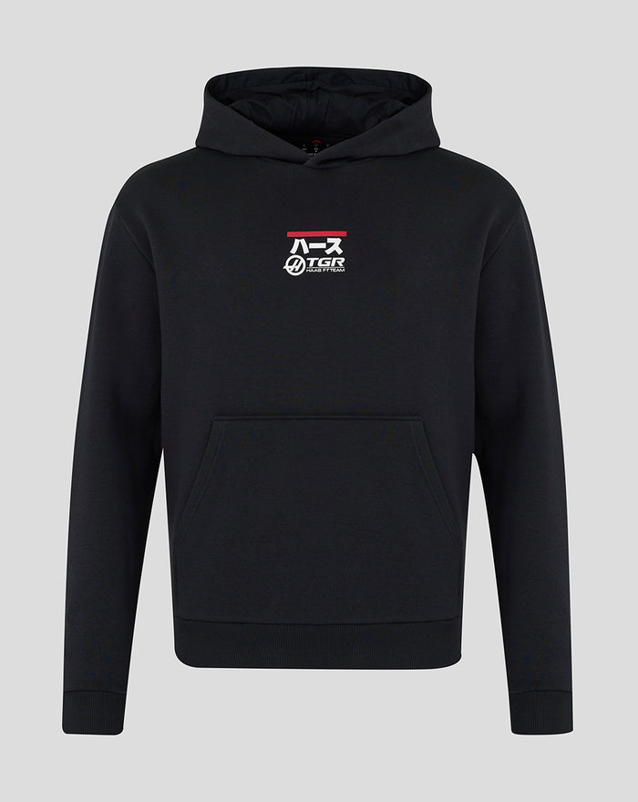 Front view of black Haas Team graphic hoodie with red accents and racing car graphic on chest.