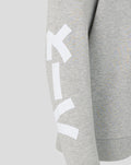Right sleeve close-up showing bold white Kanji graphic on the grey Haas Team sweater.