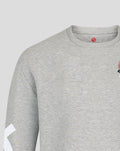 Left chest racing car graphic and branding on the grey Haas Team sweater.