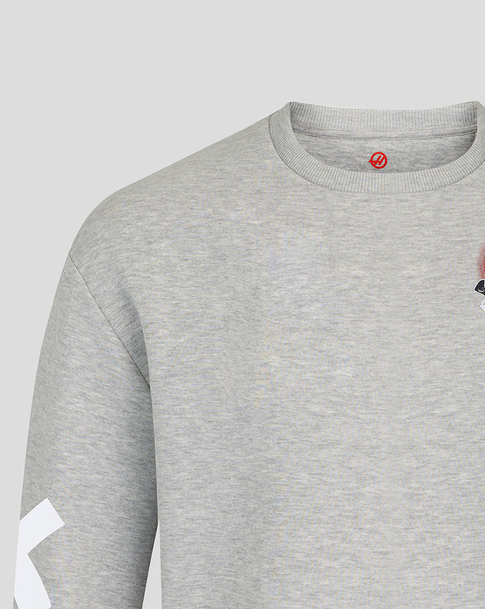 Left chest racing car graphic and branding on the grey Haas Team sweater.