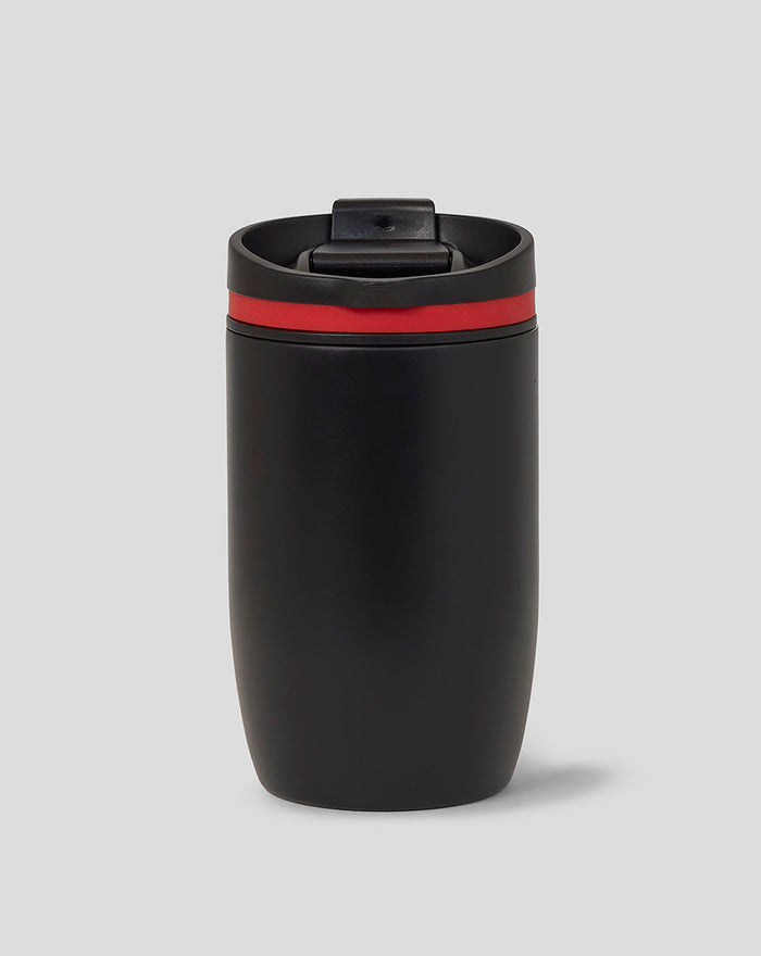 Open-top view of black Haas F1 Team travel cup showing red ring and logo
