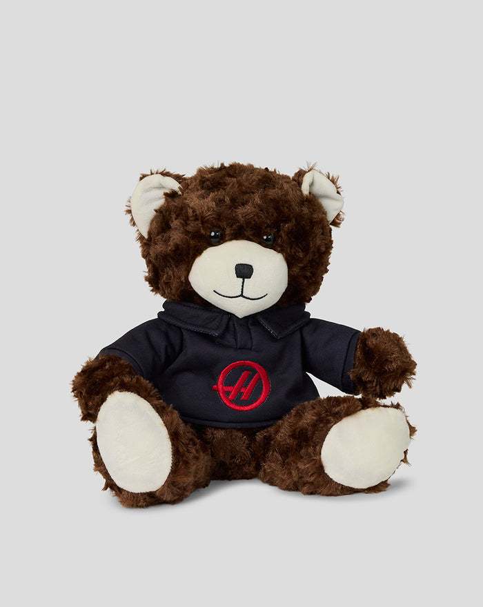 Official Haas Team Plush Bear in a dark hoodie with red Haas logo