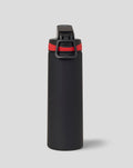 Close up of Official Haas Team 750ml water bottle showing black body red band and lockable lid