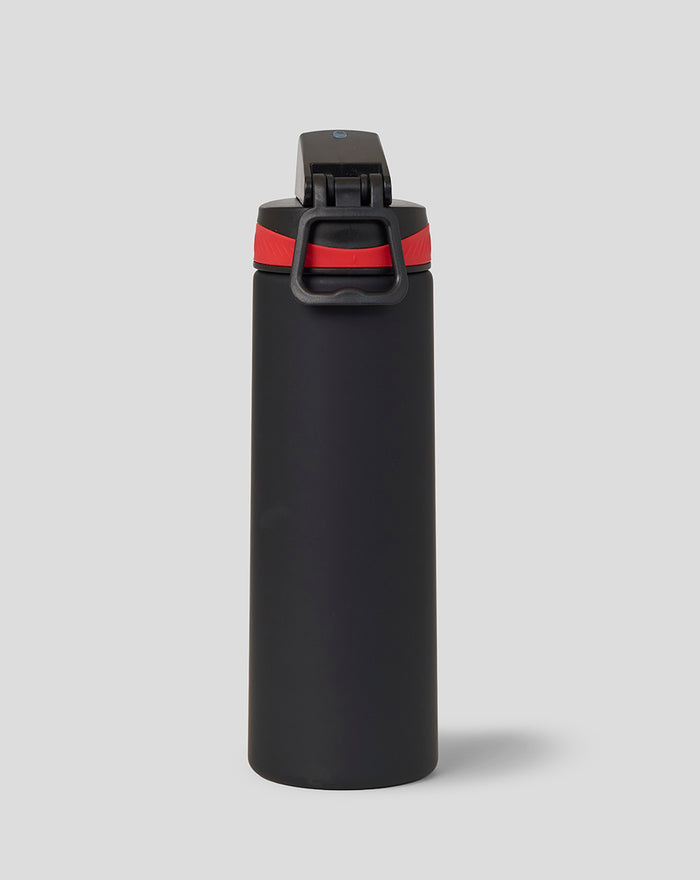 Close up of Official Haas Team 750ml water bottle showing black body red band and lockable lid