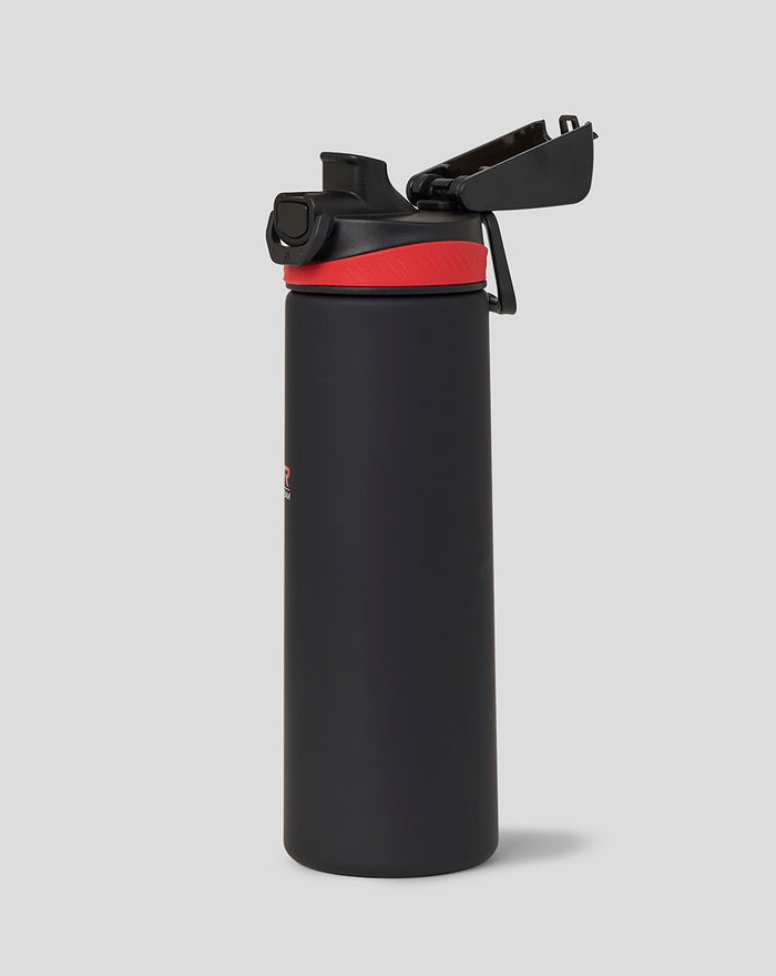 Official Haas Team 750ml water bottle black with red accent ring and center branding