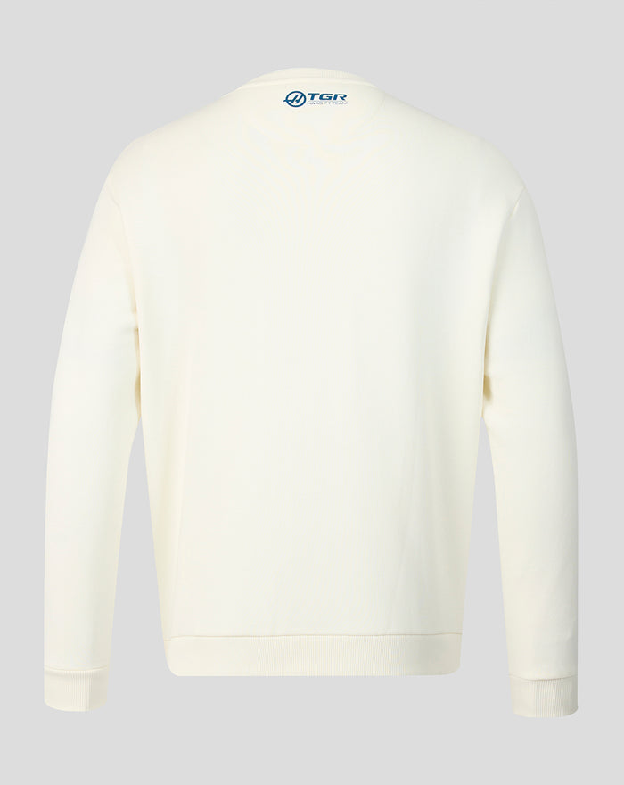 Back view of cream Haas Team USA flag sweater with a small blue logo at the neckline.