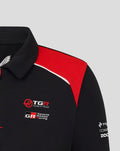 Front view of Haas Team Junior Polo showing red shoulder panel and concealed zip placket with Haas branding