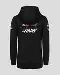 Back view of black Haas Team Junior Pullover Hoodie with large white Haas logo across the back