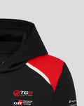 Haas Team Junior Pullover Hoodie close-up showing black fabric red shoulder panel and front branding