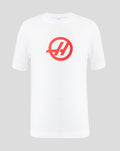 Front view of bright white Haas Team Junior Regular Fit T-Shirt with bold Haas branding on the chest.