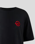 Close-up of black Haas Team Junior Monogram Linear Back Graphic T-Shirt with red chest embroidery