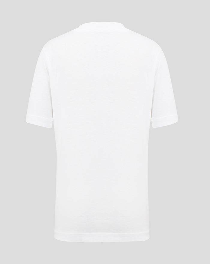Back view of a plain white Haas Team Junior T Shirt with no visible print