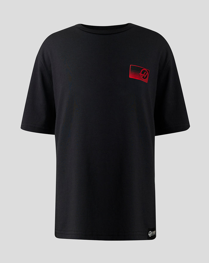 Black Haas Team junior T shirt with a bold red back graphic and small left chest branding.