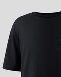 Close up of a black Haas Team T shirt fabric with a small red left chest logo.