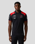 Front view of Haas Team polo with red shoulders and concealed zip placket at the collar.