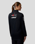 Back view of a model in a black Haas Team Quarter Zip Midlayer with sponsor logos on the back and a USA flag at the hem.
