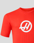 Bold white Haas F1 Team logo on the chest of the red flame Scarlet T-shirt
