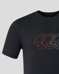 Close-up of the chest graphic with overlapping red and white rings across the front of the black T shirt