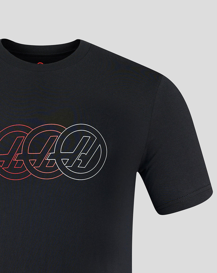 Haas Team unisex black regular fit T shirt with red white monogram graphic across the chest