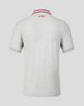 Back view of light gray Haas Team polo with red striped collar and TGR Haas F1 Team logo at the neck.