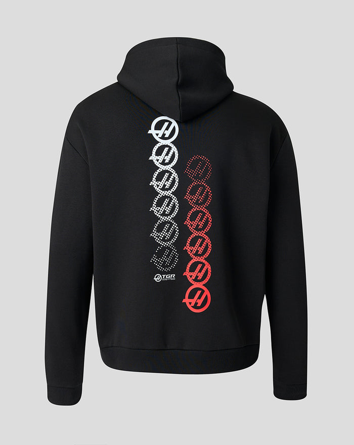 Black Haas Team unisex pullover hoodie with white and red circular monogram back graphic