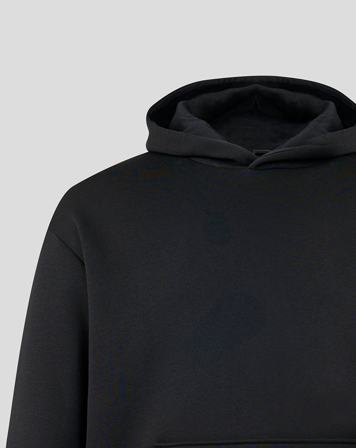Close up of black hoodie fabric at the shoulder and hood seam highlighting soft fleece material