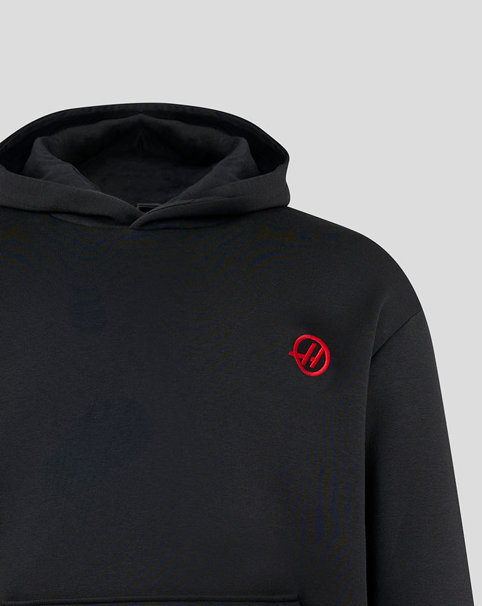 Haas Team pullover hoodie in black with red left chest logo and hood