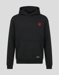 Official Haas Team black relaxed fit hoodie with red logo on the left chest and branding on the center back plus kangaroo pocket