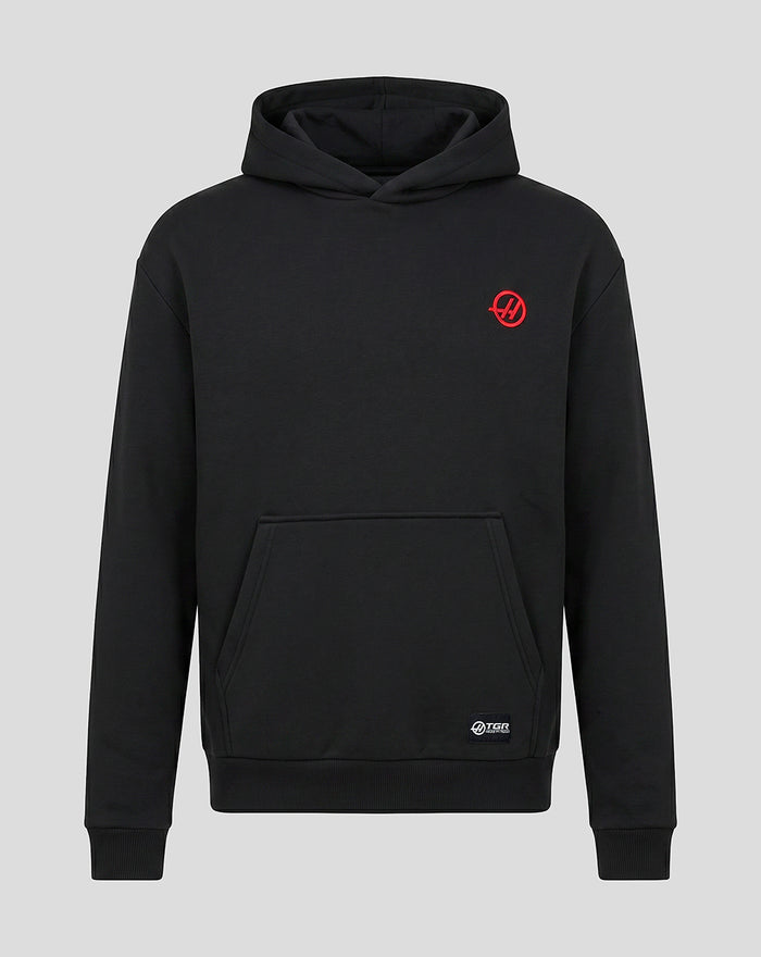 Official Haas Team black relaxed fit hoodie with red logo on the left chest and branding on the center back plus kangaroo pocket