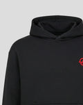 Close-up of black Haas hoodie with red embroidered emblem on the left chest.